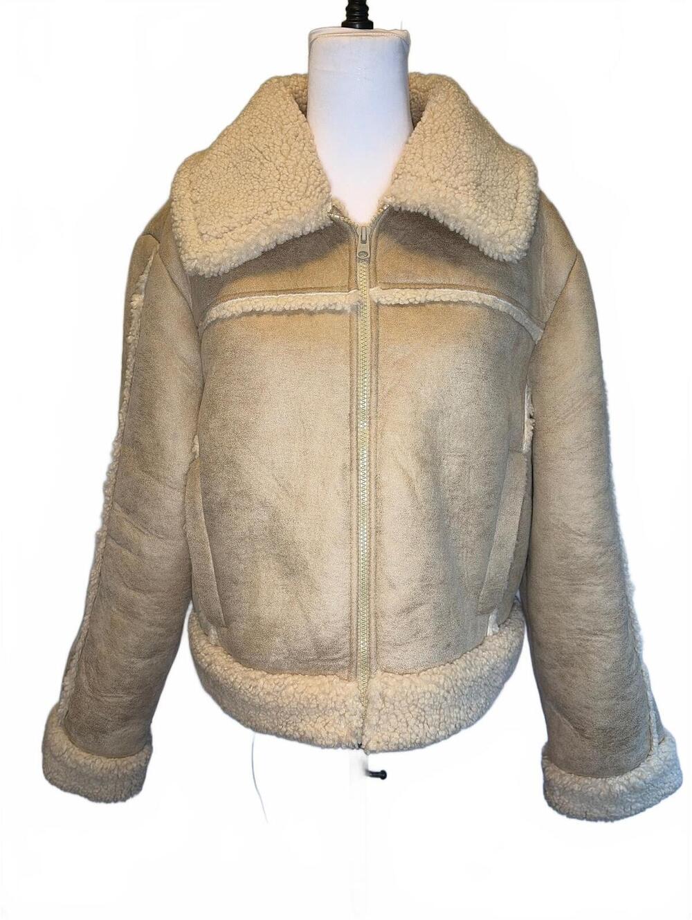 Abercrombie & Fitch Beige Faux Suede Sherpa Jacket XL Crop Y2K Boho Penny Lane